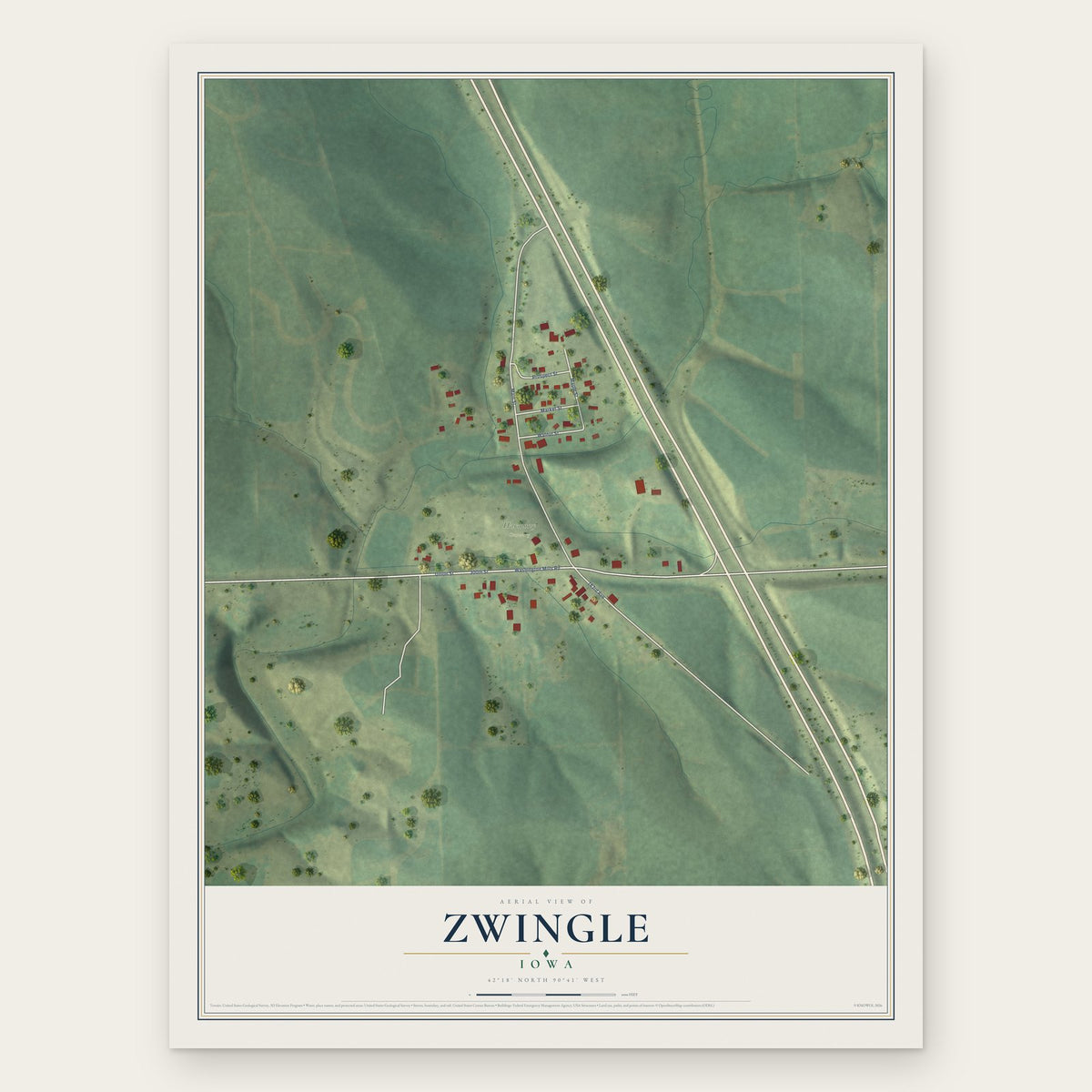 Zwingle, Iowa map print, the full design