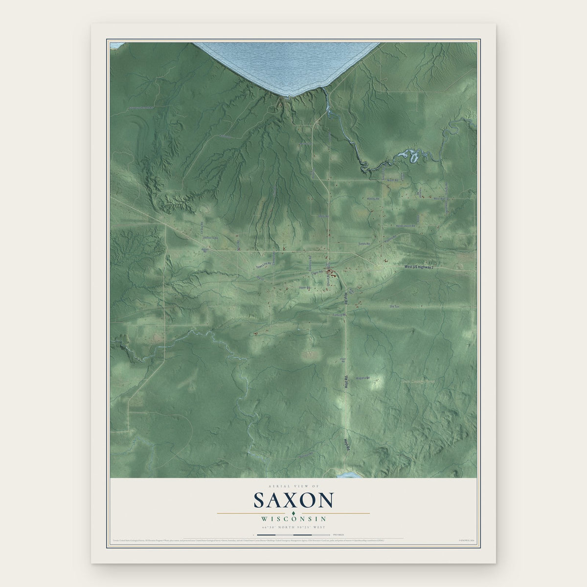 Saxon, Wisconsin map print, the full design