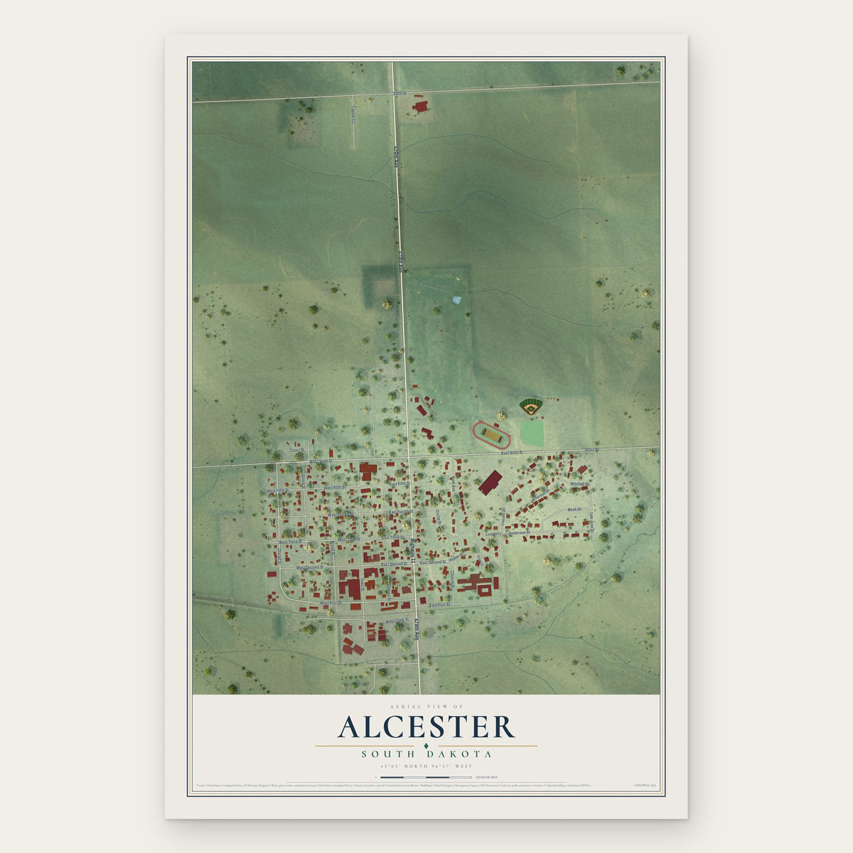 Alcester, South Dakota map print, the full design