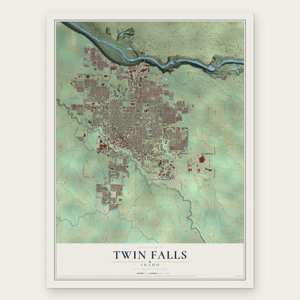 Twin Falls, Idaho map print, the full design