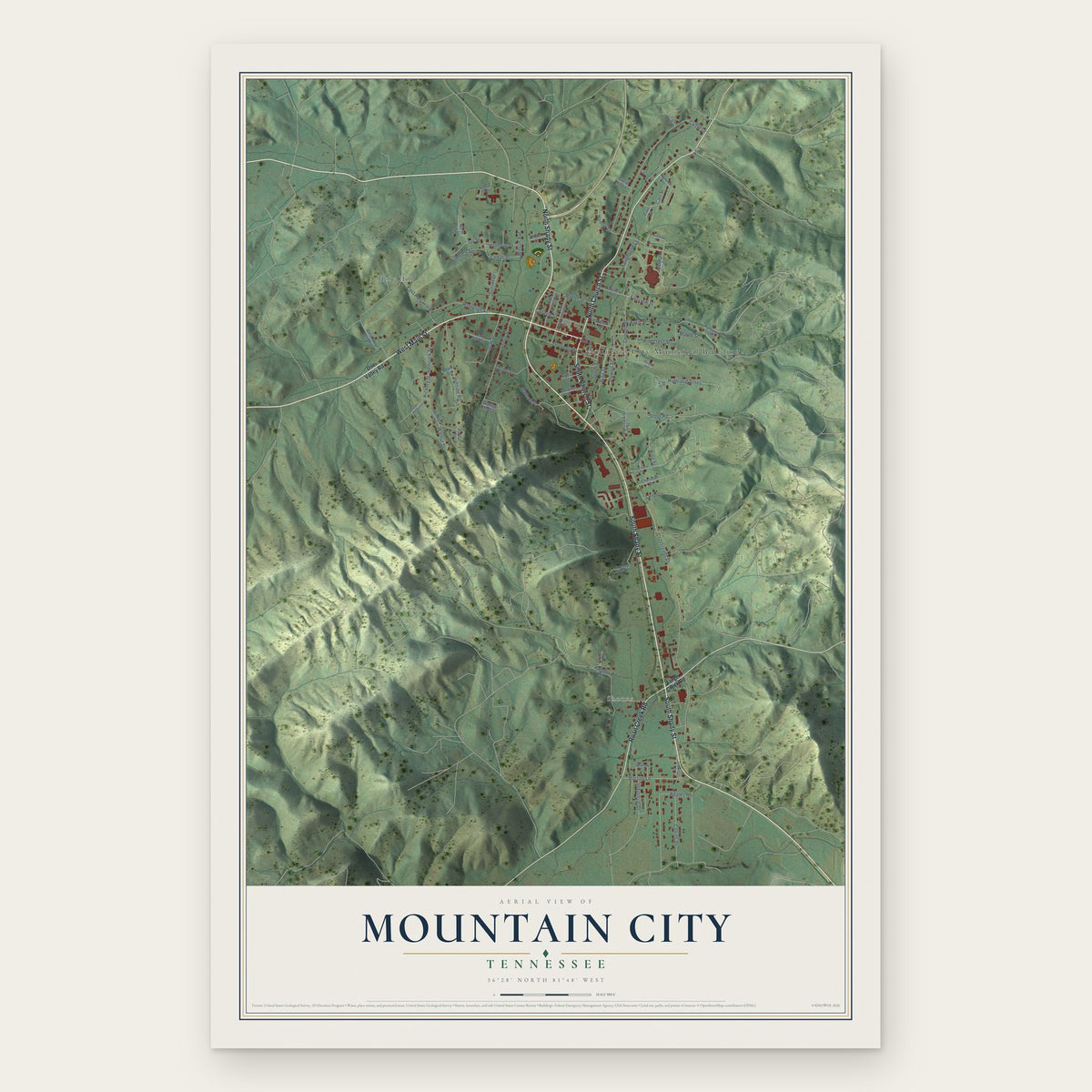 Mountain City, Tennessee map print, the full design
