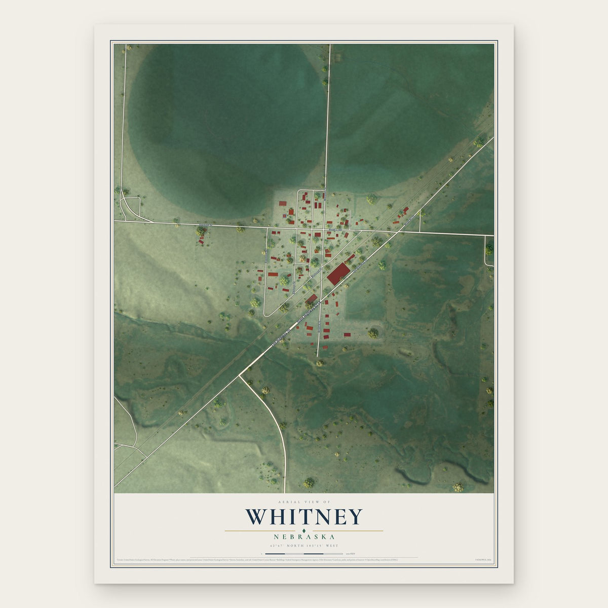 Whitney, Nebraska map print, the full design