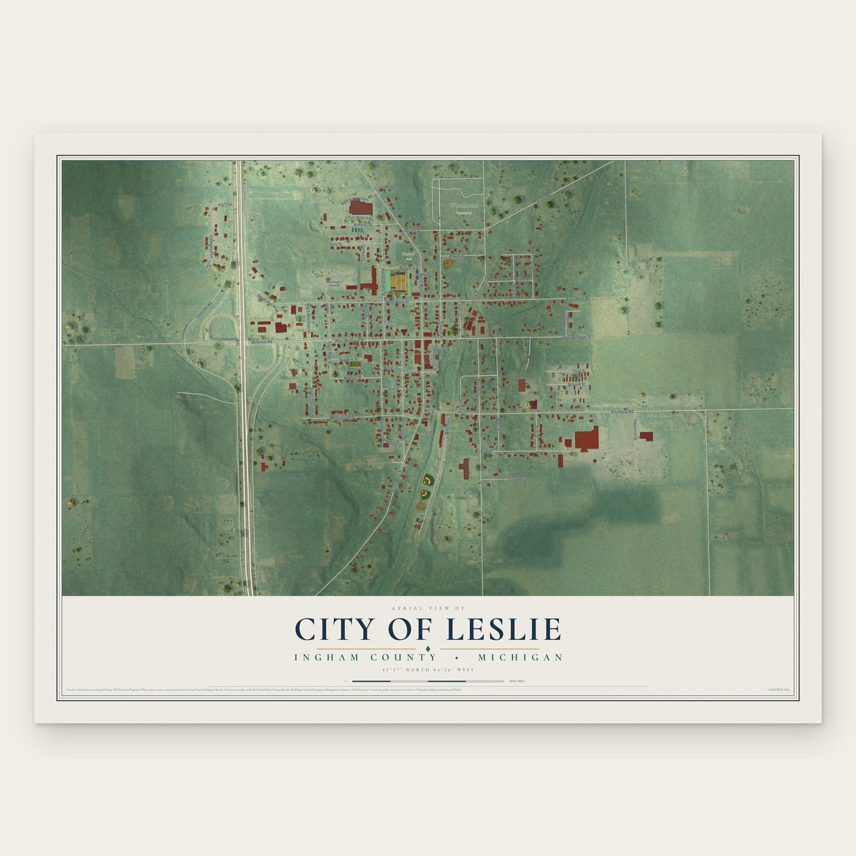 Leslie, Michigan map print, the full design