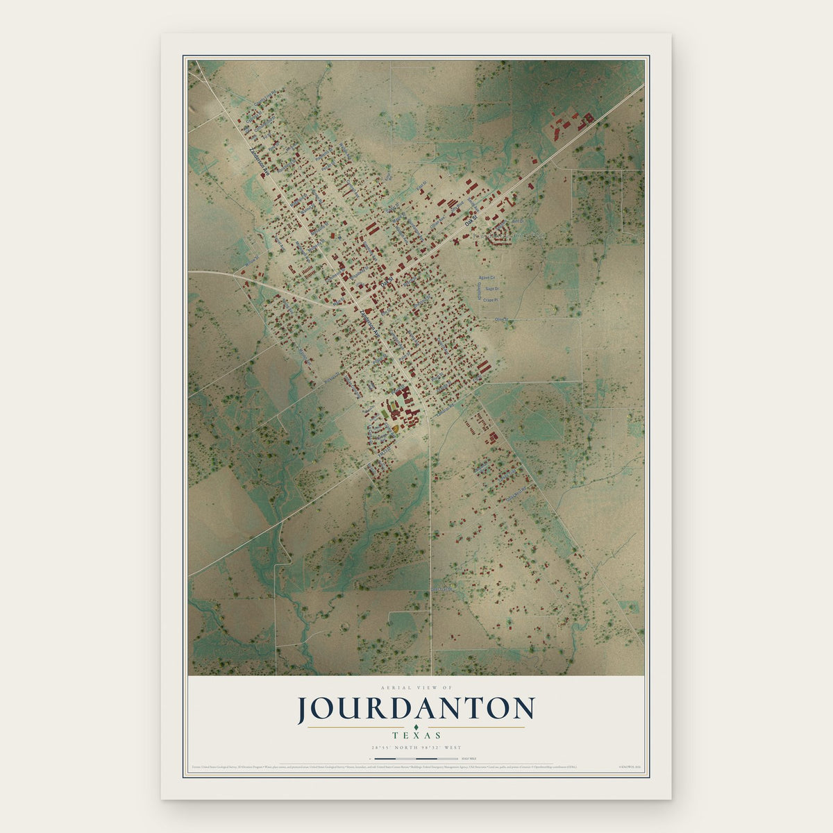 Jourdanton, Texas map print, the full design