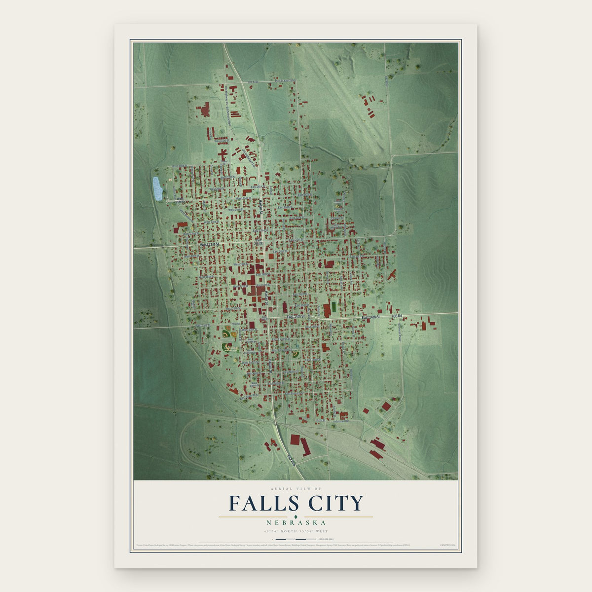 Falls City, Nebraska map print, the full design
