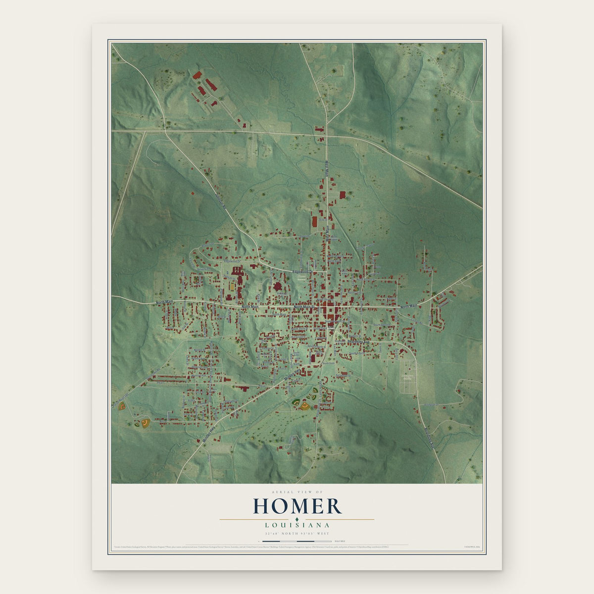 Homer, Louisiana map print, the full design