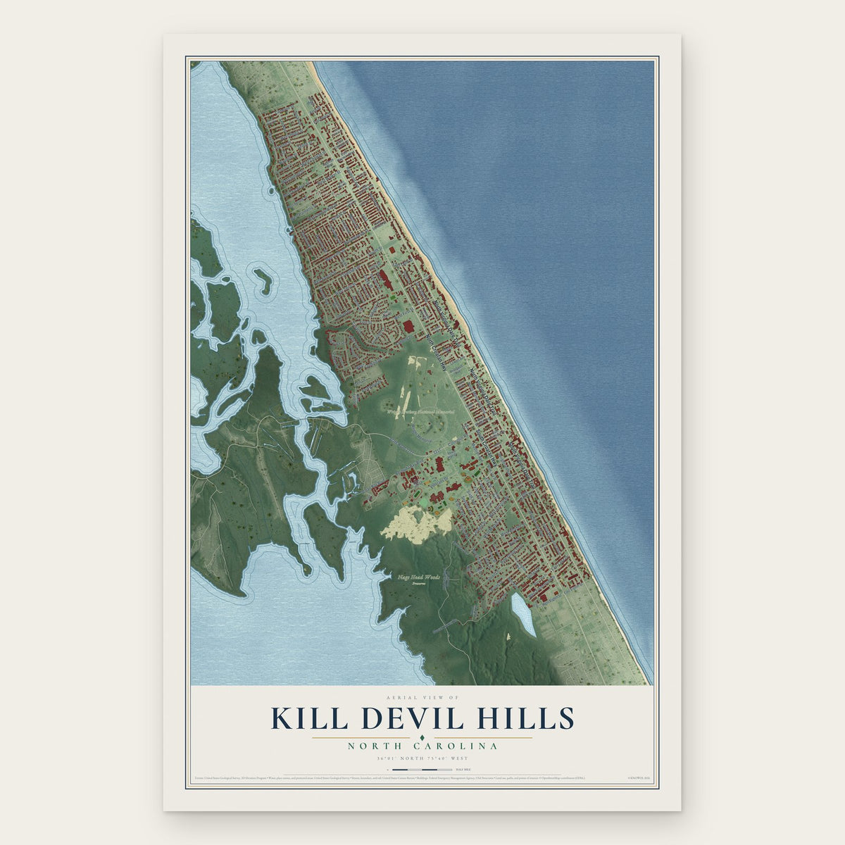 Kill Devil Hills, North Carolina map print, the full design