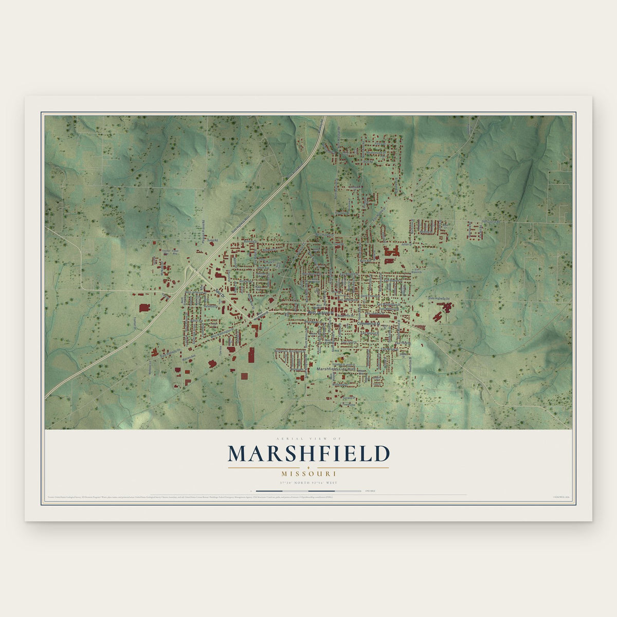 Marshfield, Missouri map print, the full design