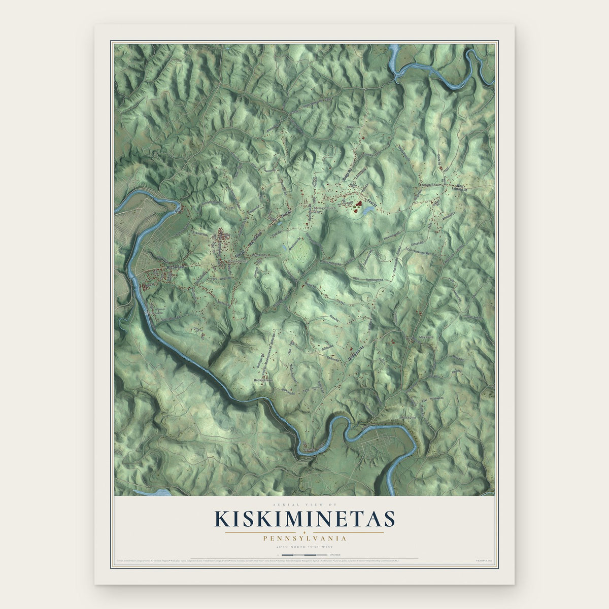 Kiskiminetas, Pennsylvania map print, the full design