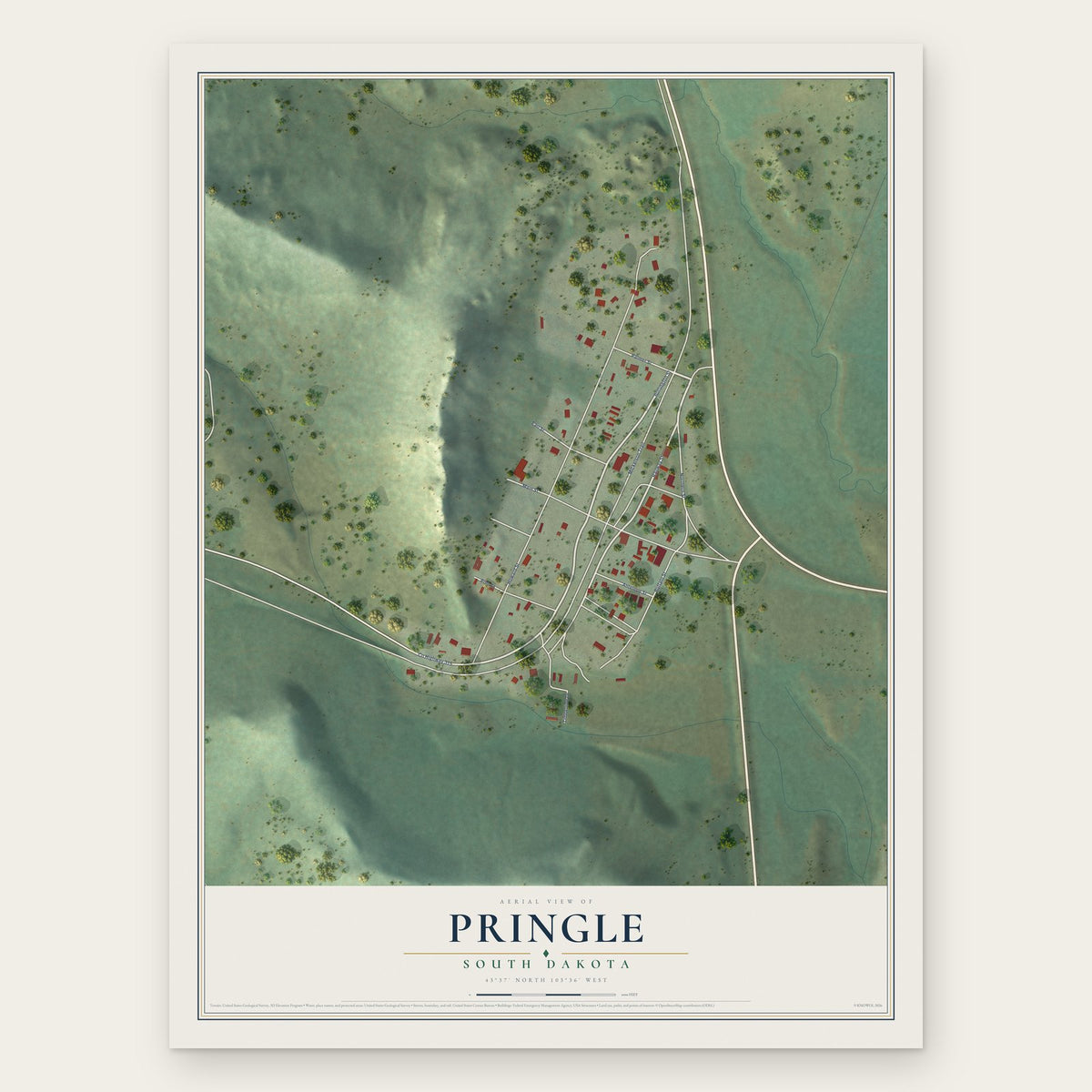 Pringle, South Dakota map print, the full design