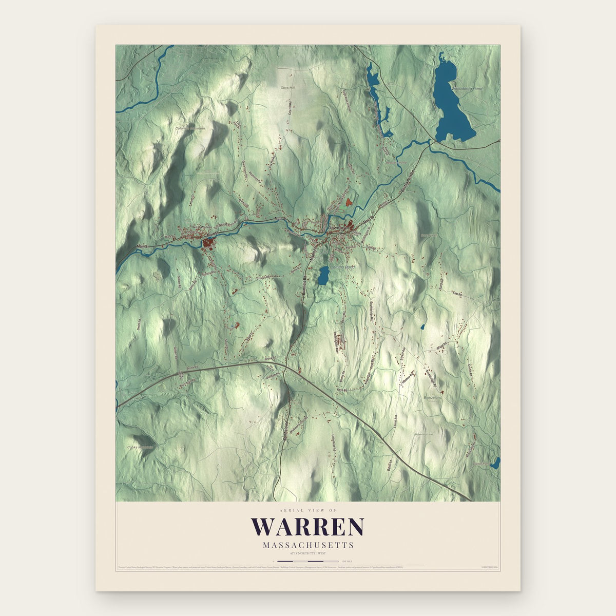 Warren, Massachusetts map print, the full design