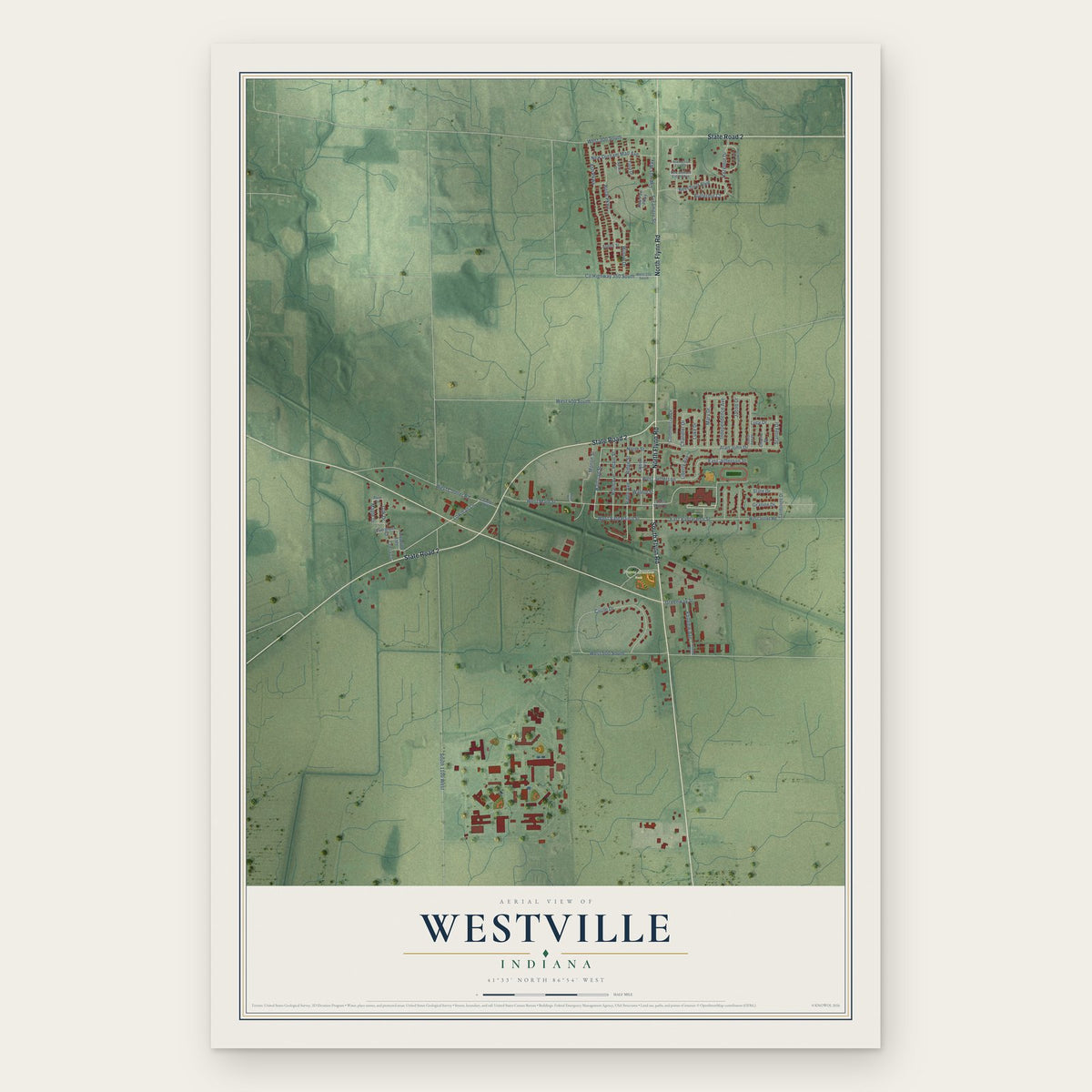 Westville, Indiana map print, the full design