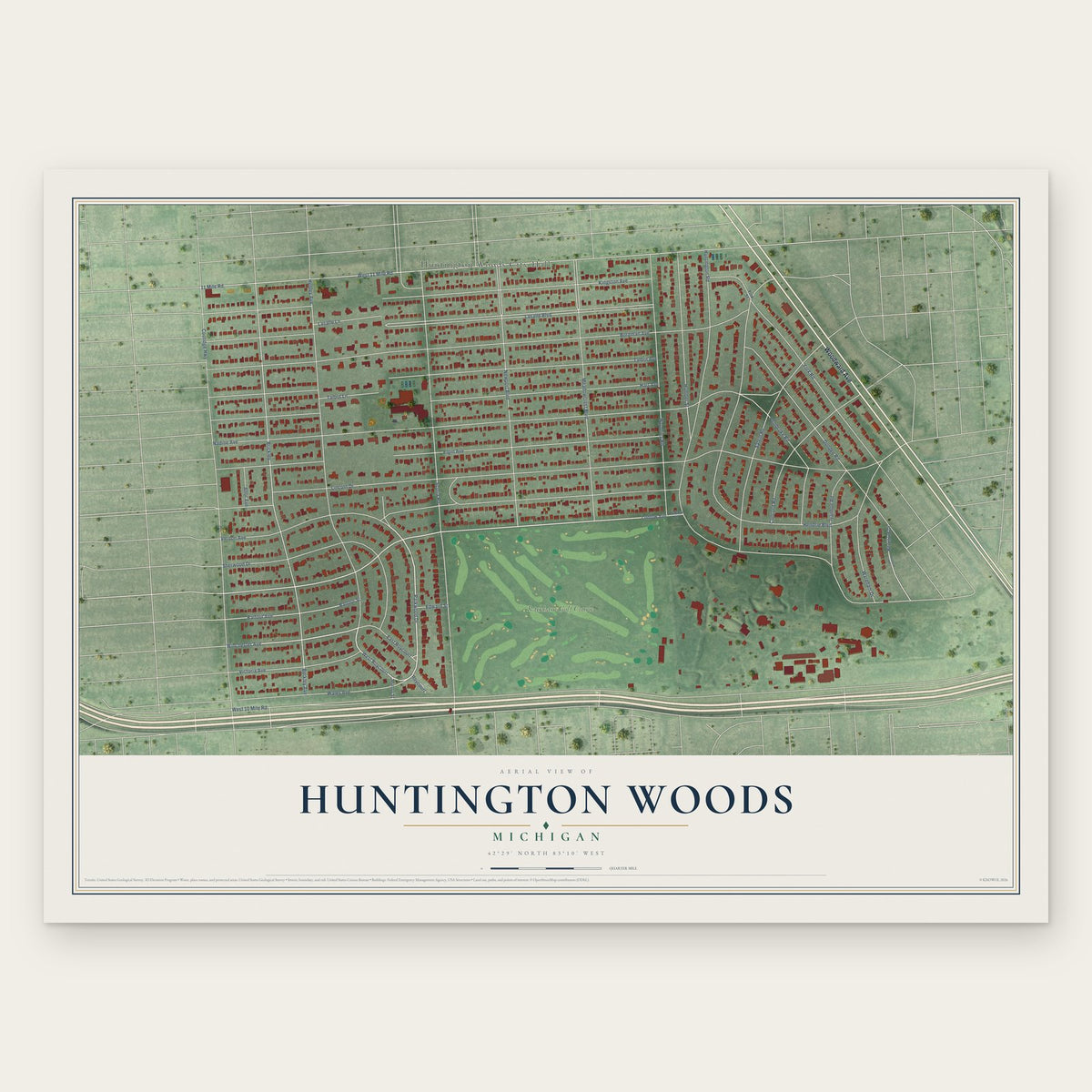 Huntington Woods, Michigan map print, the full design