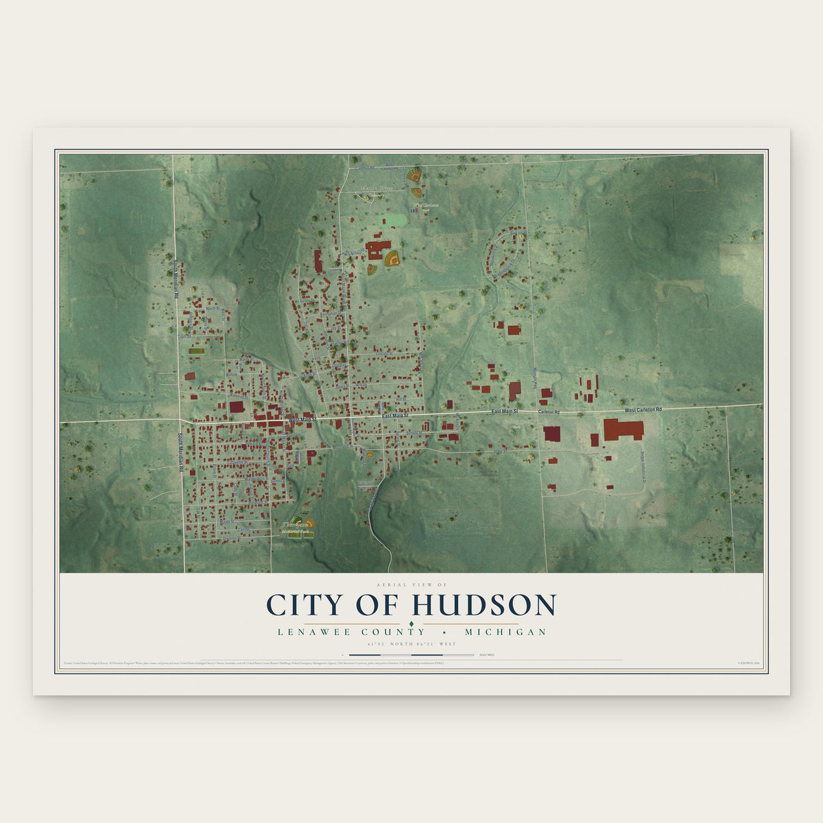 Hudson, Michigan map print, the full design