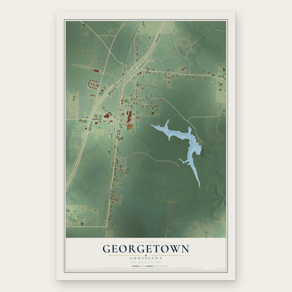 Georgetown, Louisiana map print, the full design