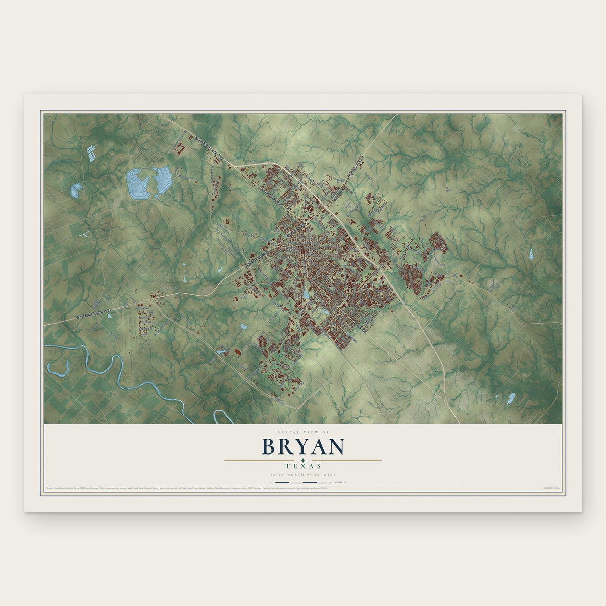 Bryan, Texas map print, the full design