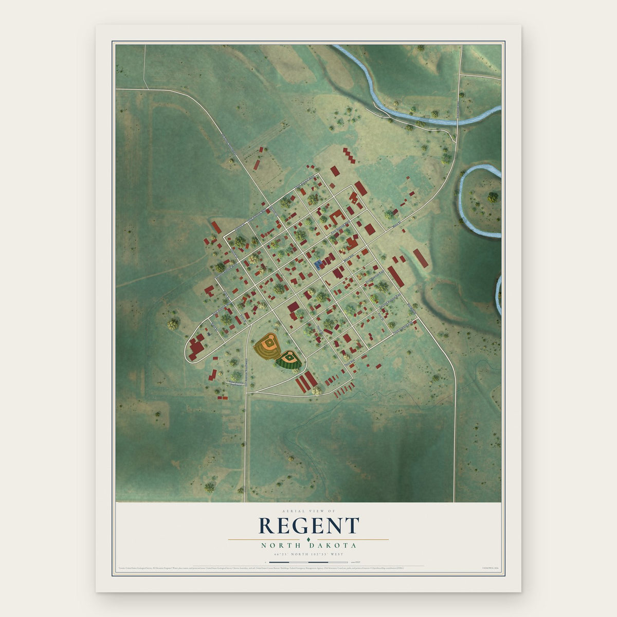 Regent, North Dakota map print, the full design