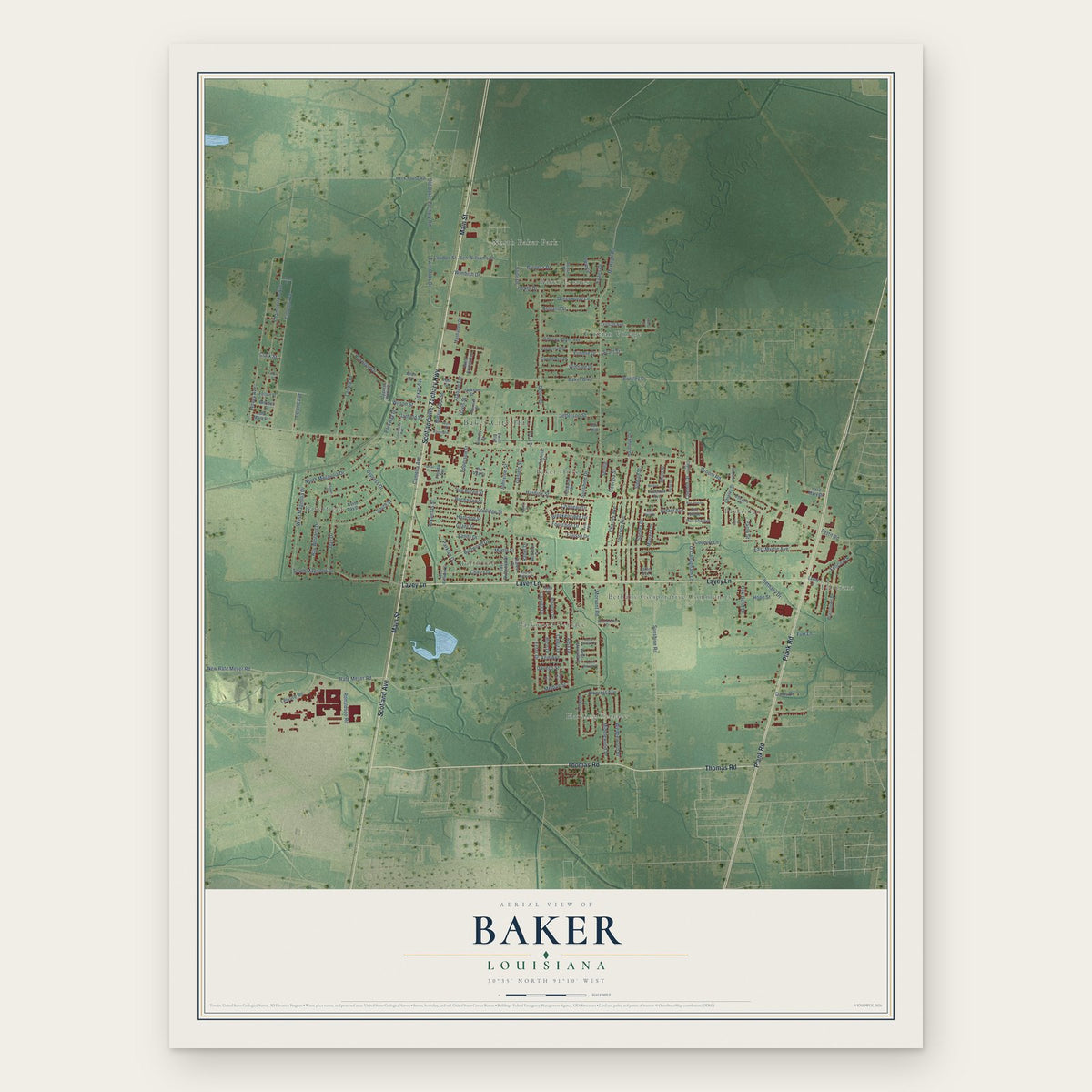 Baker, Louisiana map print, the full design