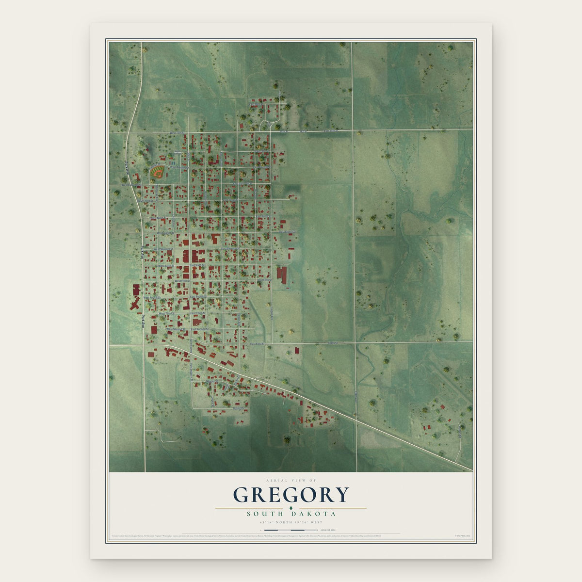 Gregory, South Dakota map print, the full design