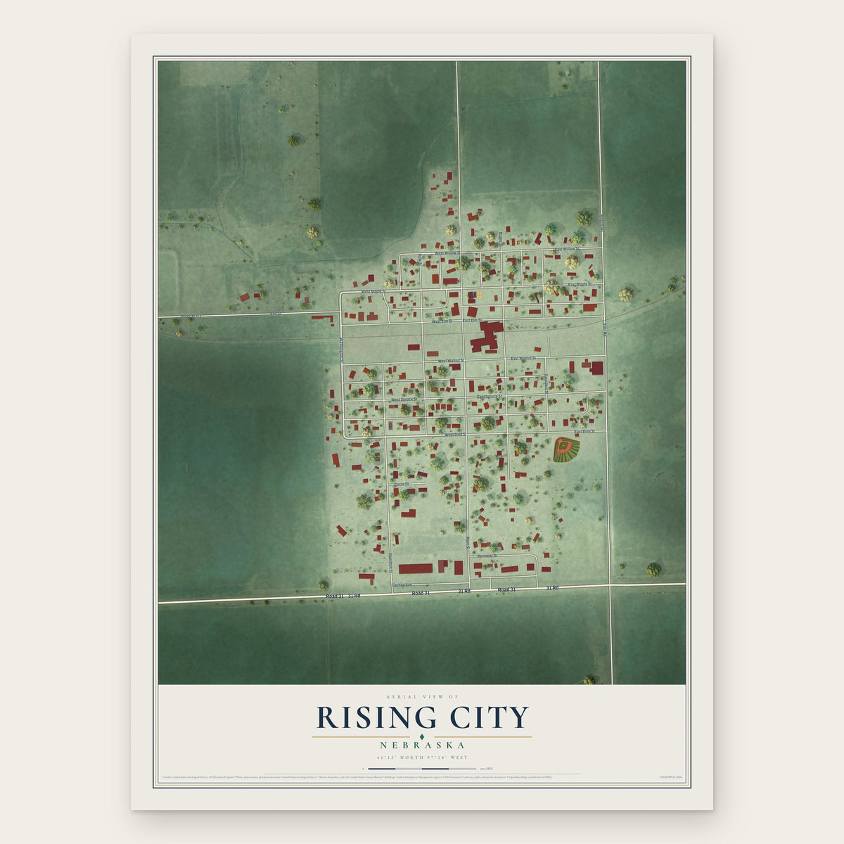 Rising City, Nebraska map print, the full design