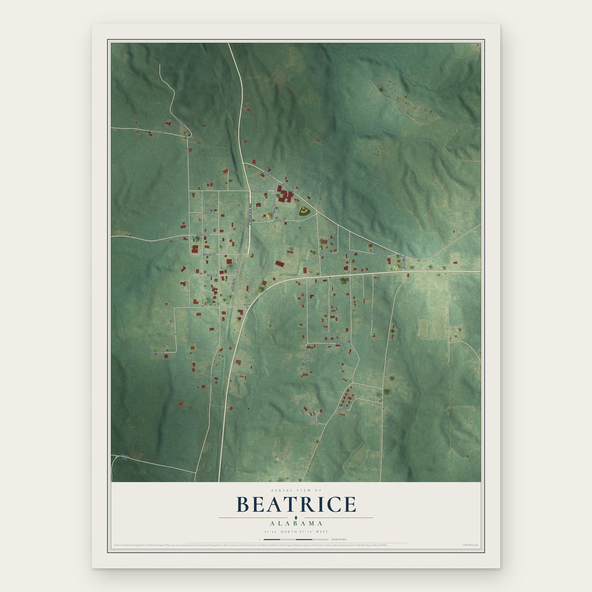 Beatrice, Alabama map print, the full design