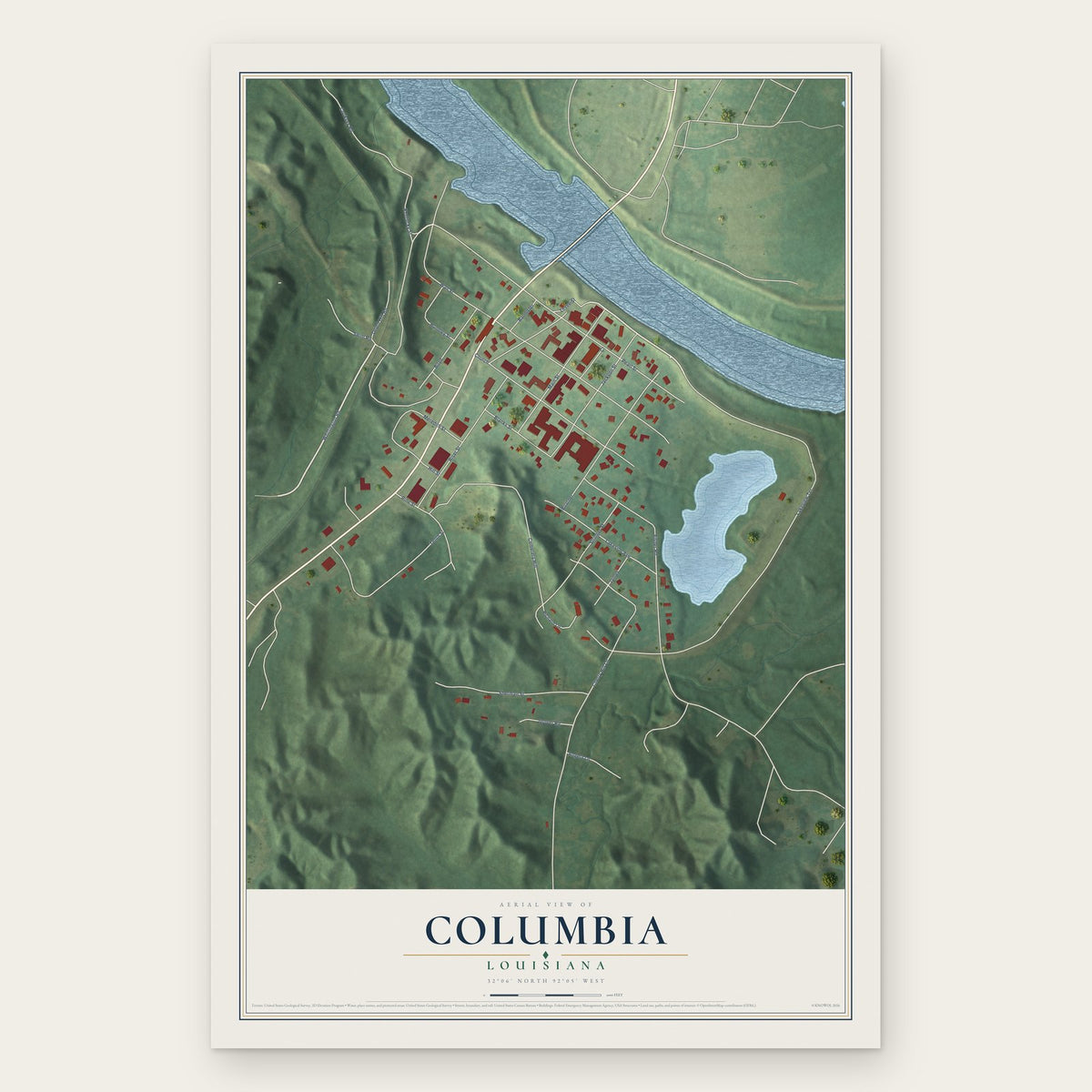Columbia, Louisiana map print, the full design