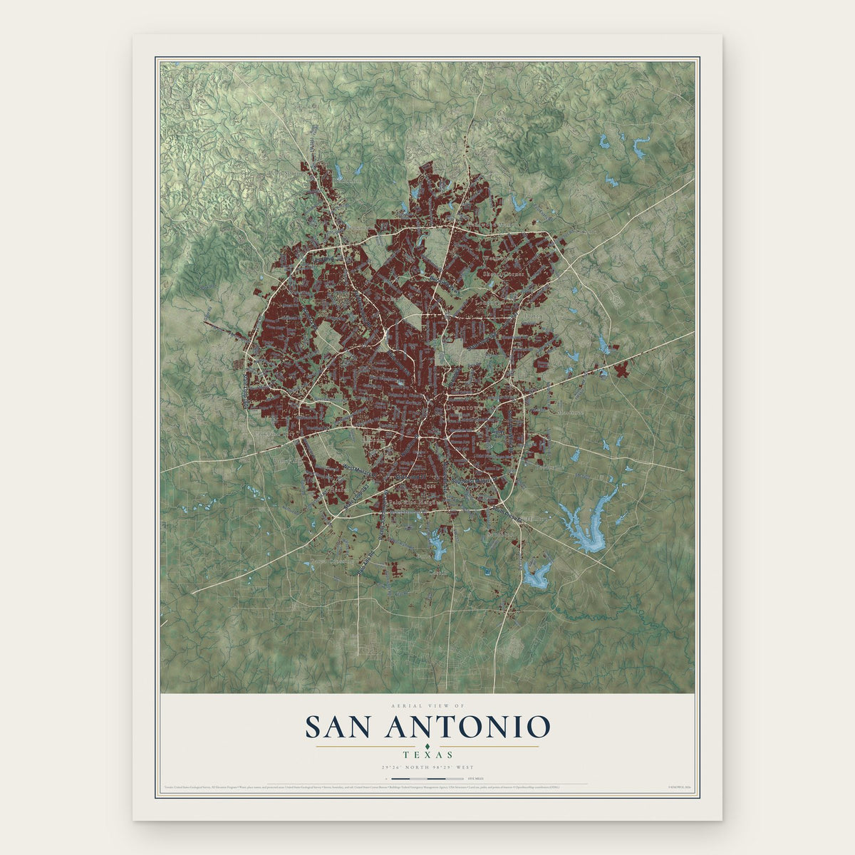 San Antonio, Texas map print, the full design