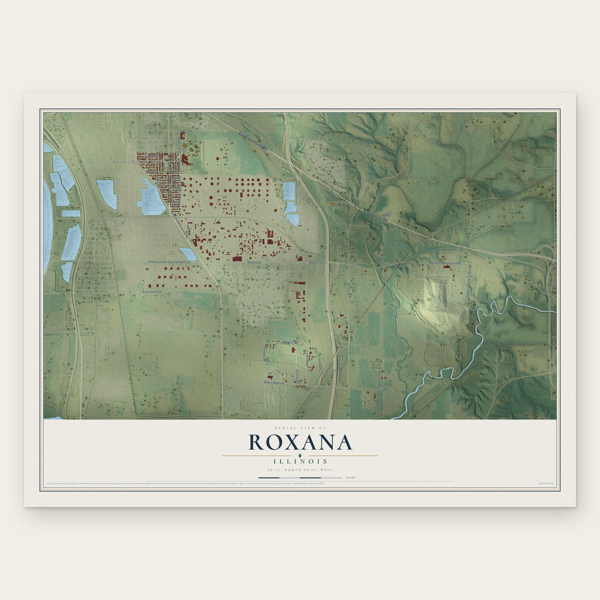 Roxana, Illinois map print, the full design