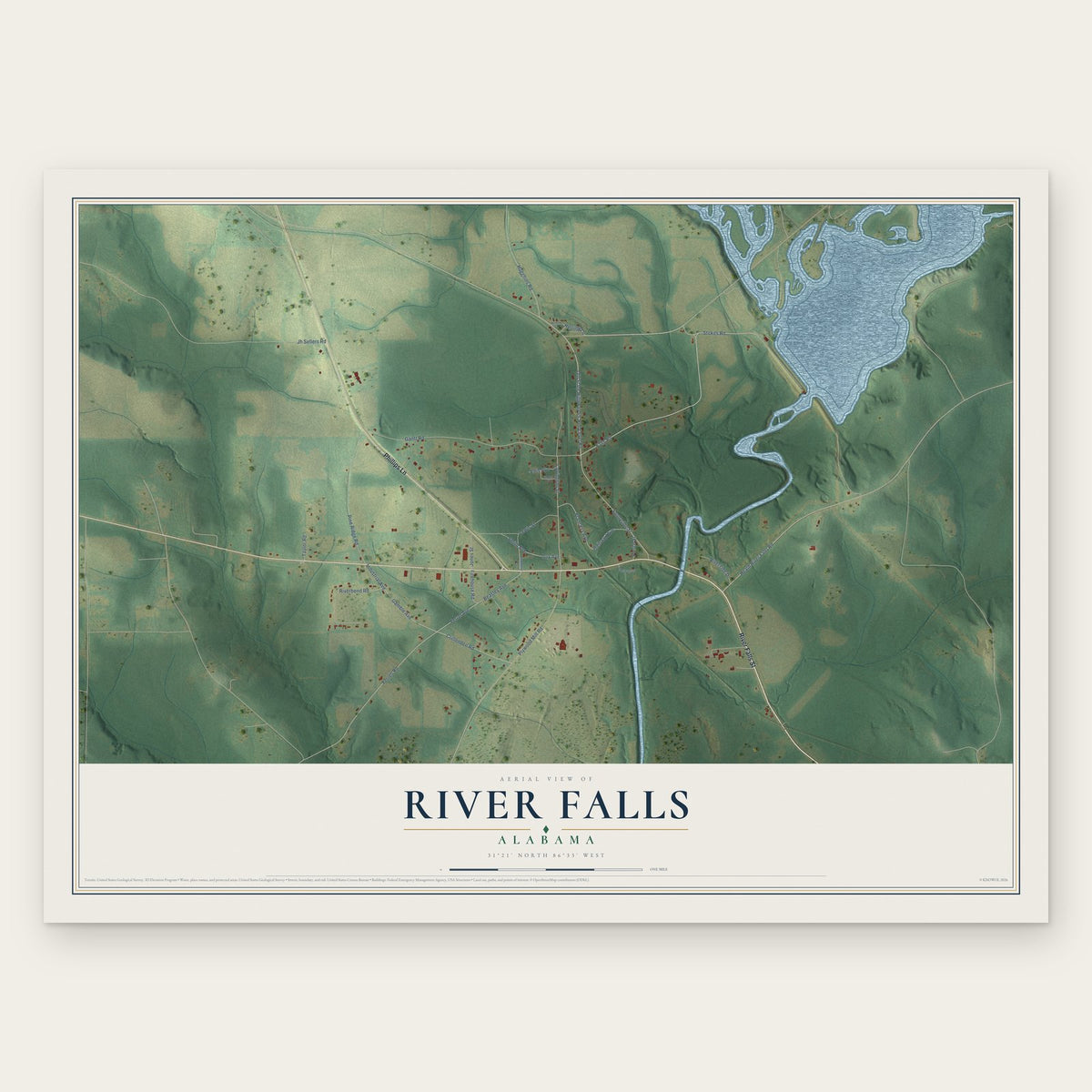 River Falls, Alabama map print, the full design