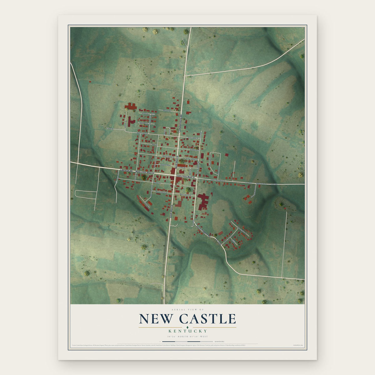 New Castle, Kentucky map print, the full design