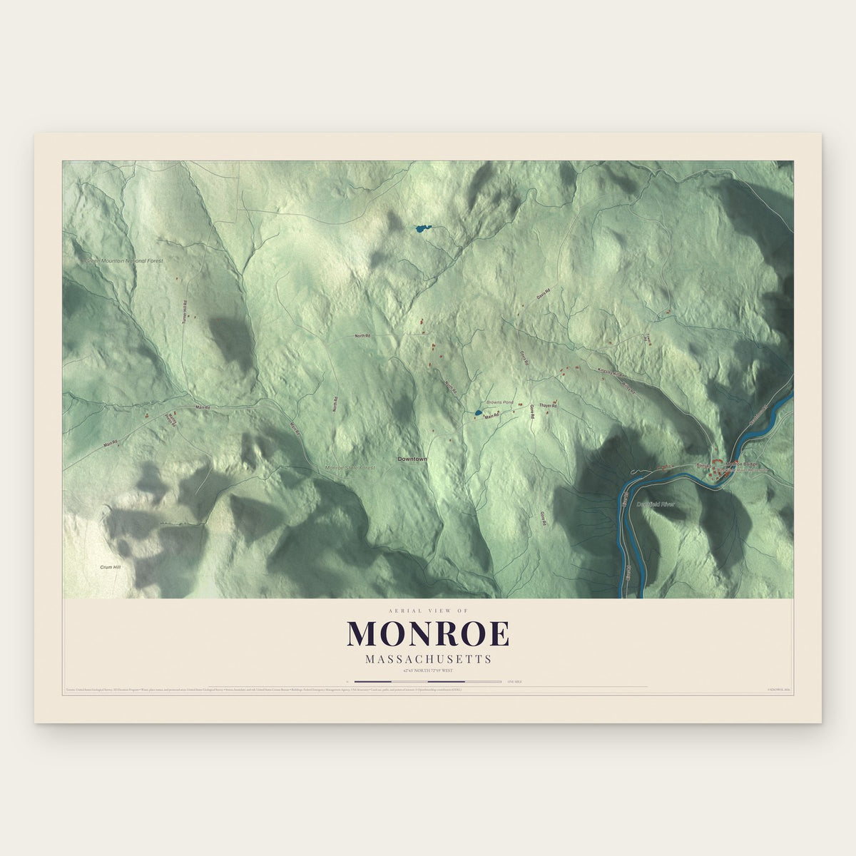 Monroe, Massachusetts map print, the full design
