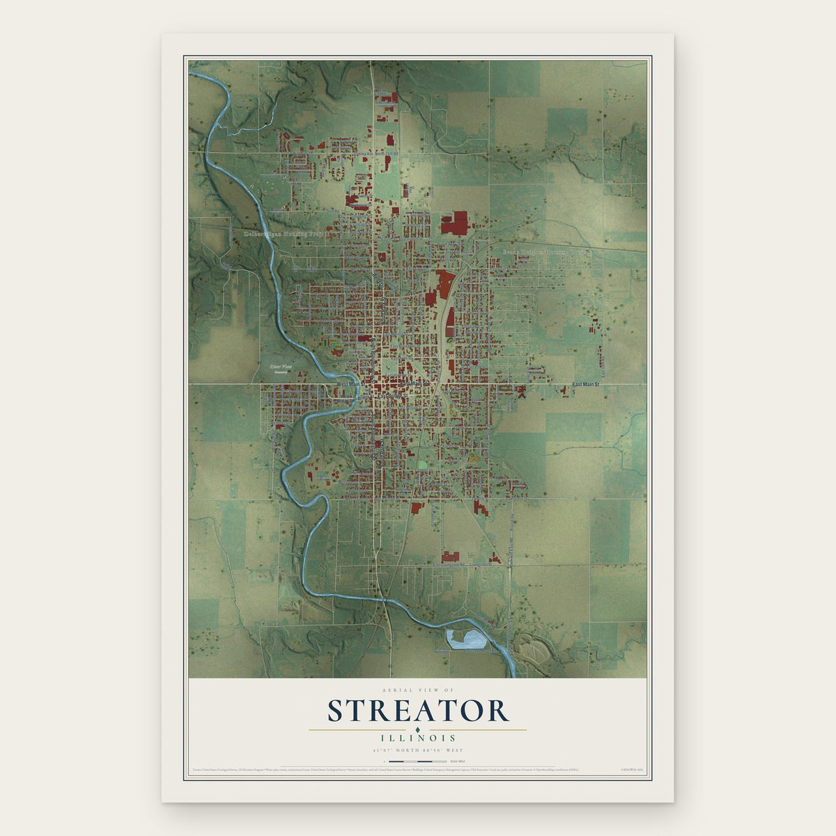 Streator, Illinois map print, the full design