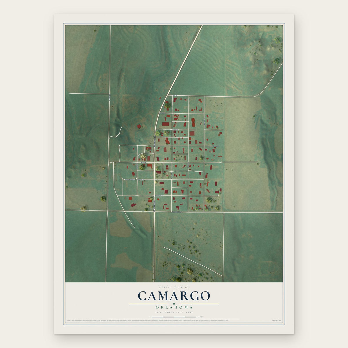 Camargo, Oklahoma map print, the full design