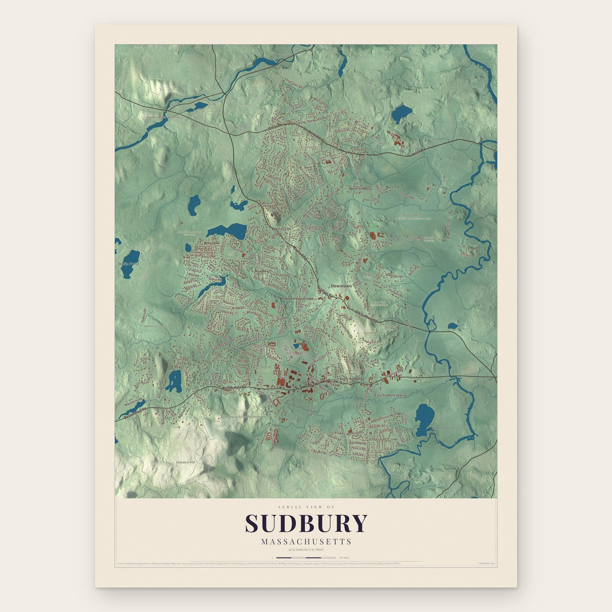 Sudbury, Massachusetts map print, the full design