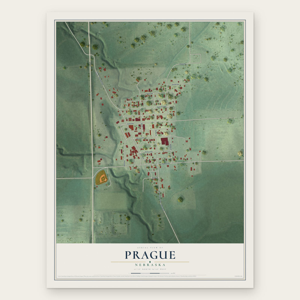 Prague, Nebraska map print, the full design