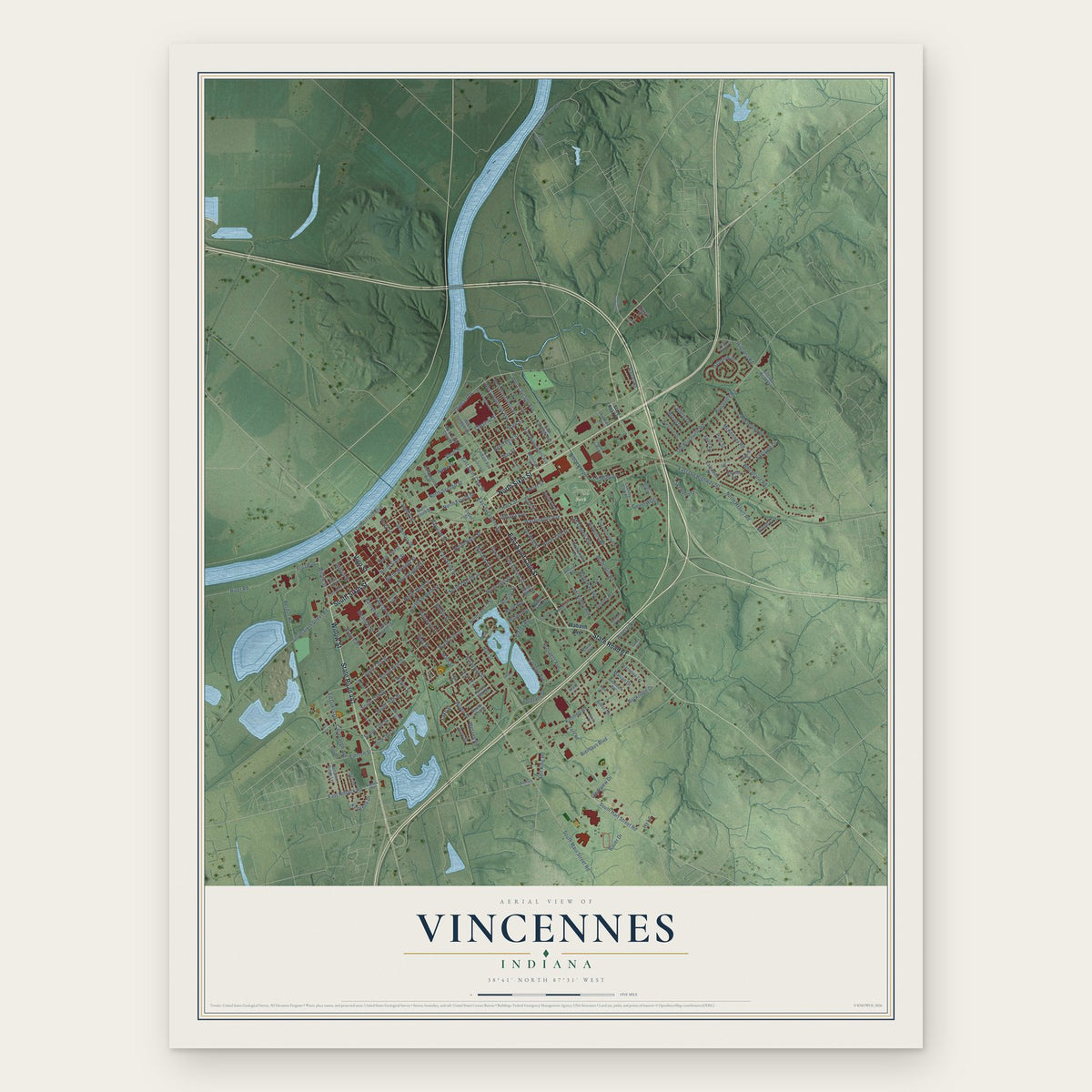 Vincennes, Indiana map print, the full design