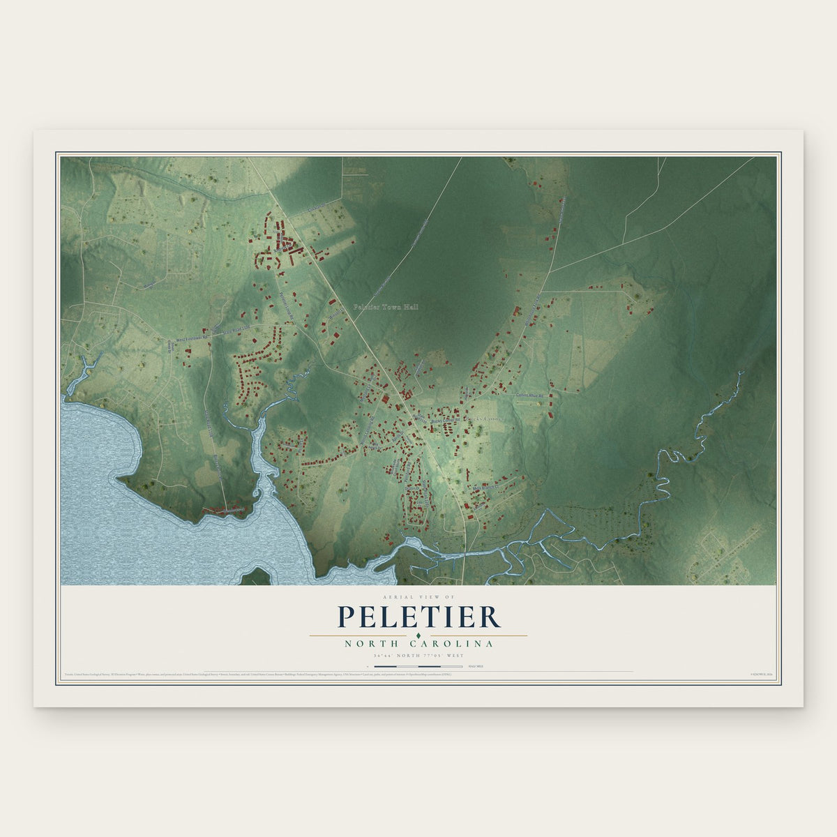 Peletier, North Carolina map print, the full design