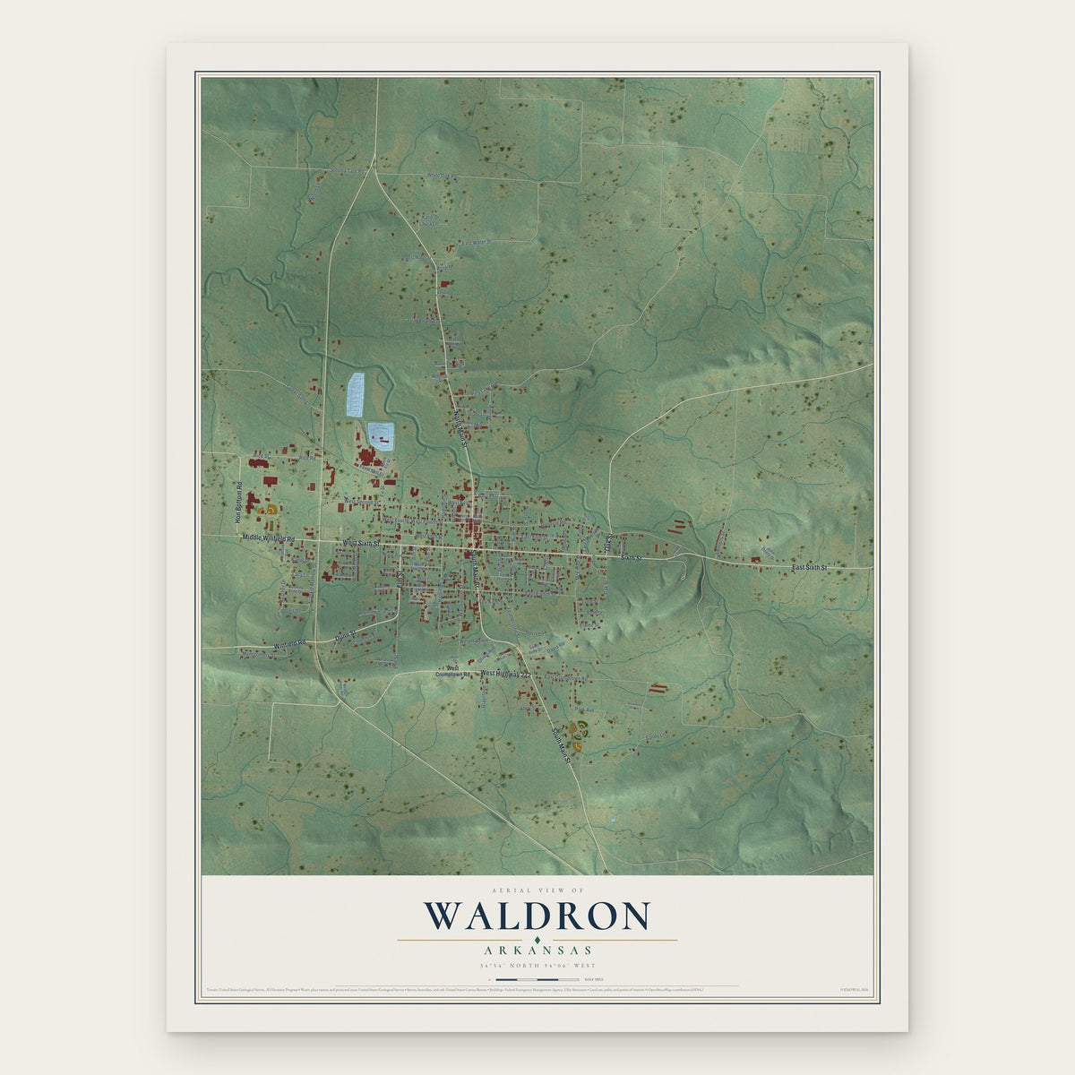 Waldron, Arkansas map print, the full design
