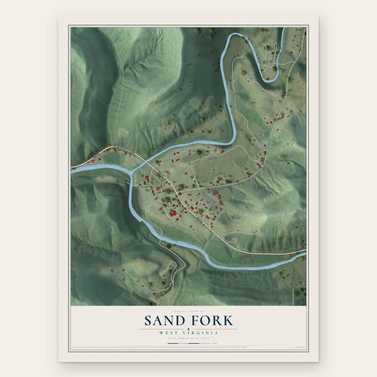 Sand Fork, West Virginia map print, the full design