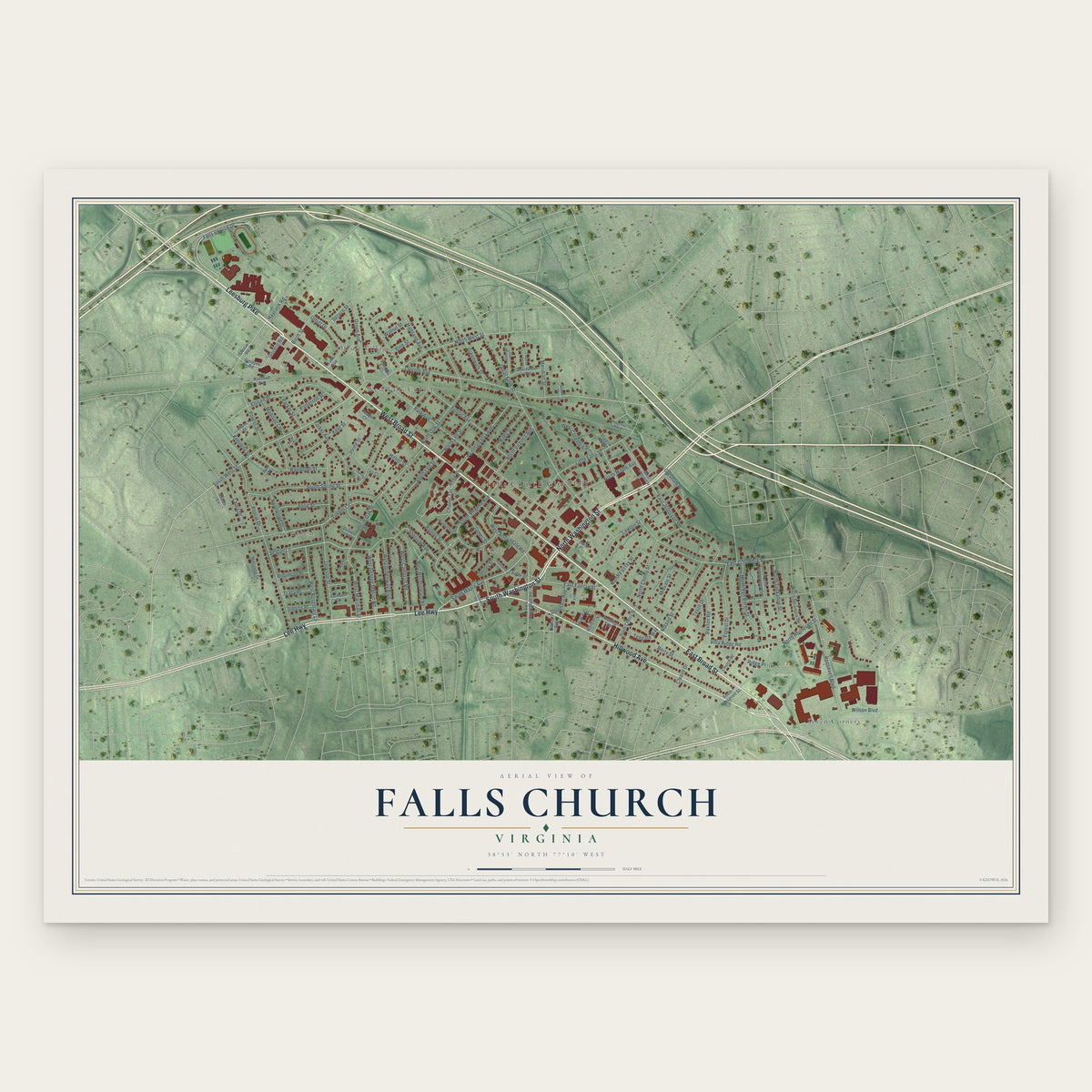 Falls Church, Virginia map print, the full design