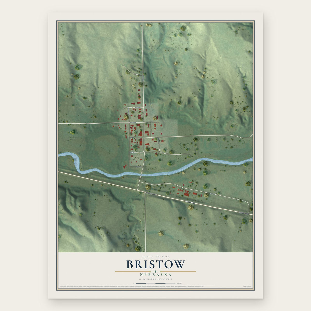 Bristow, Nebraska map print, the full design