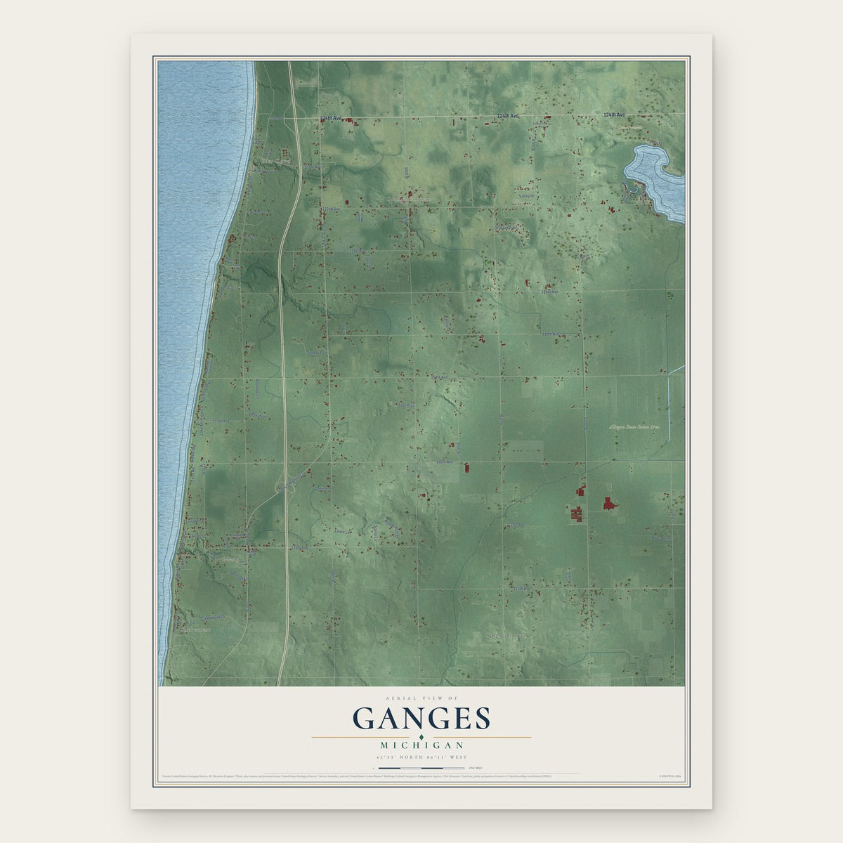 Ganges, Michigan map print, the full design