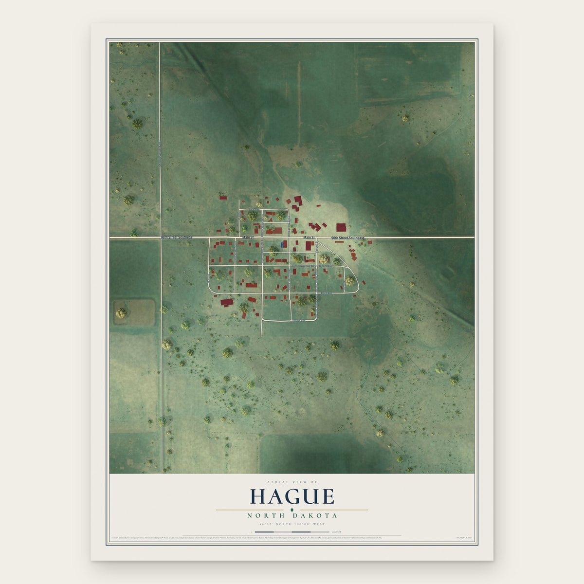 Hague, North Dakota map print, the full design