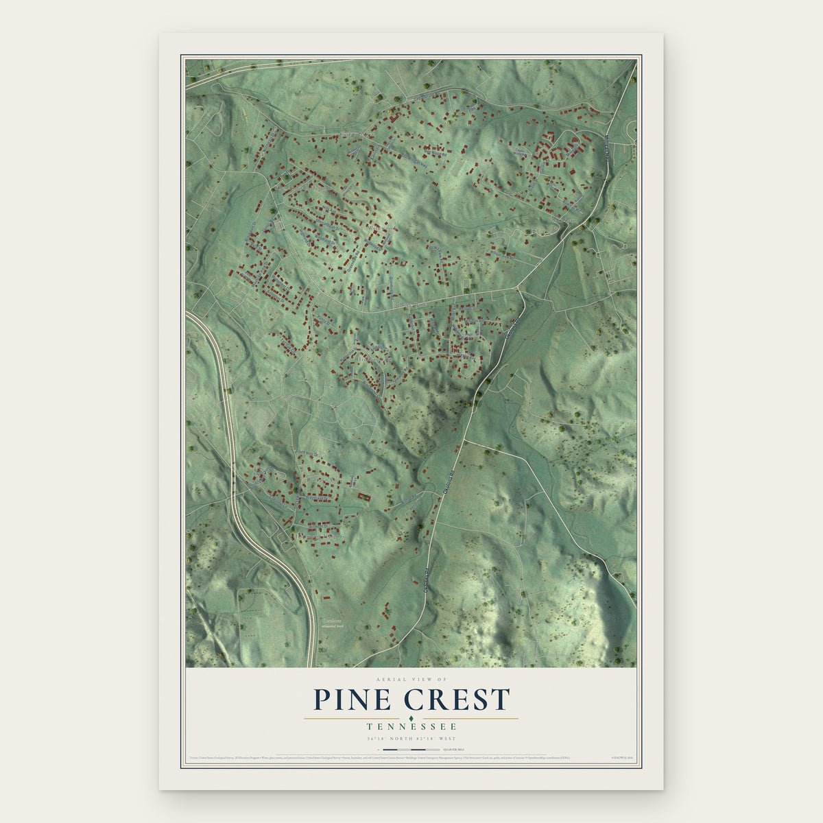 Pine Crest, Tennessee map print, the full design
