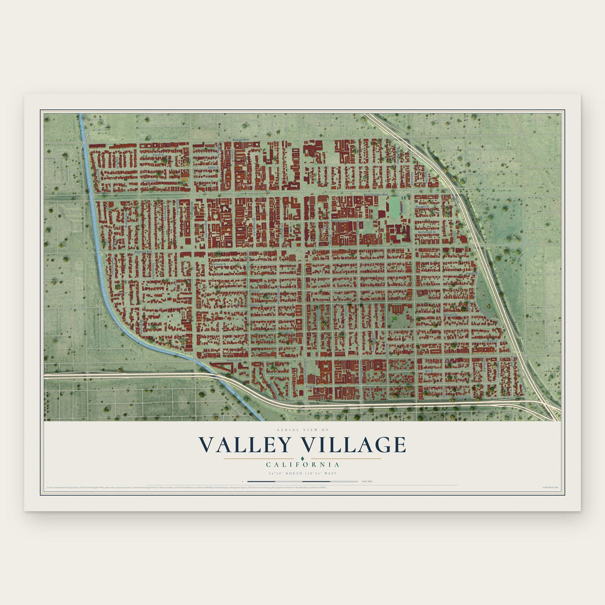 Valley Village, California map print, the full design