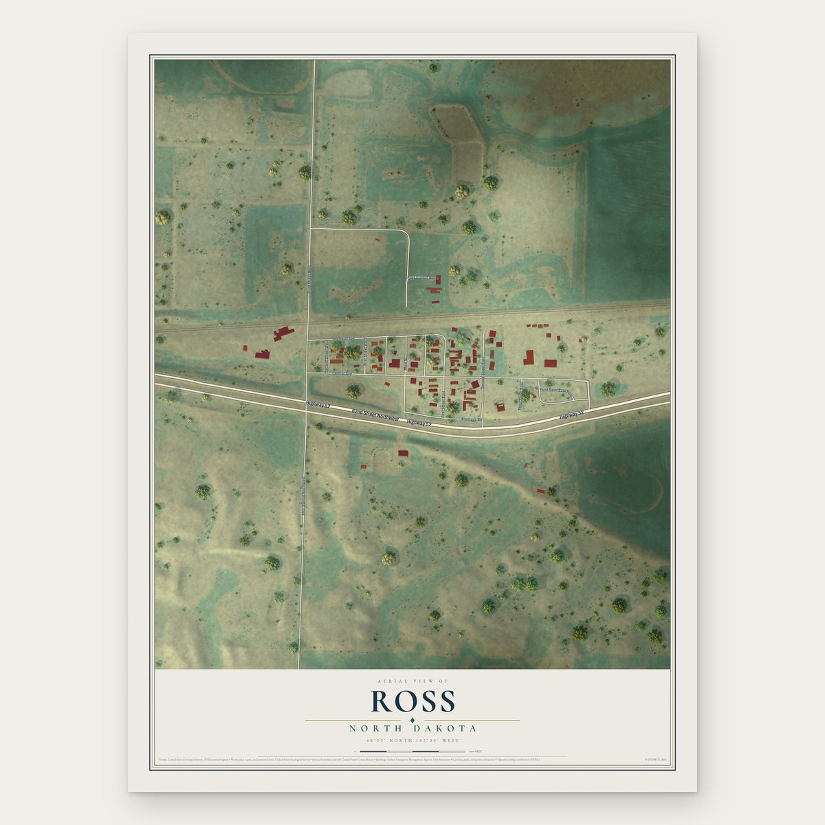 Ross, North Dakota map print, the full design