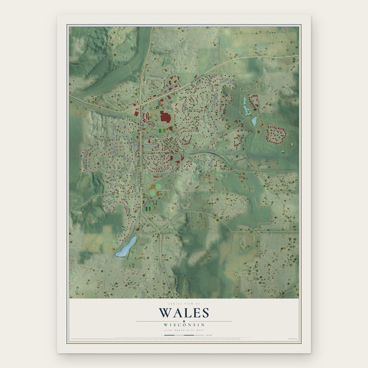 Wales, Wisconsin map print, the full design