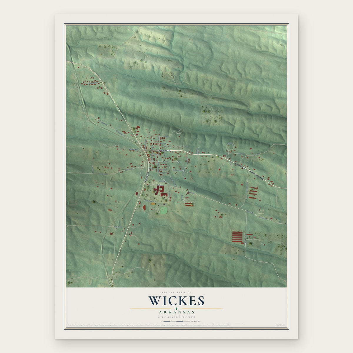 Wickes, Arkansas map print, the full design