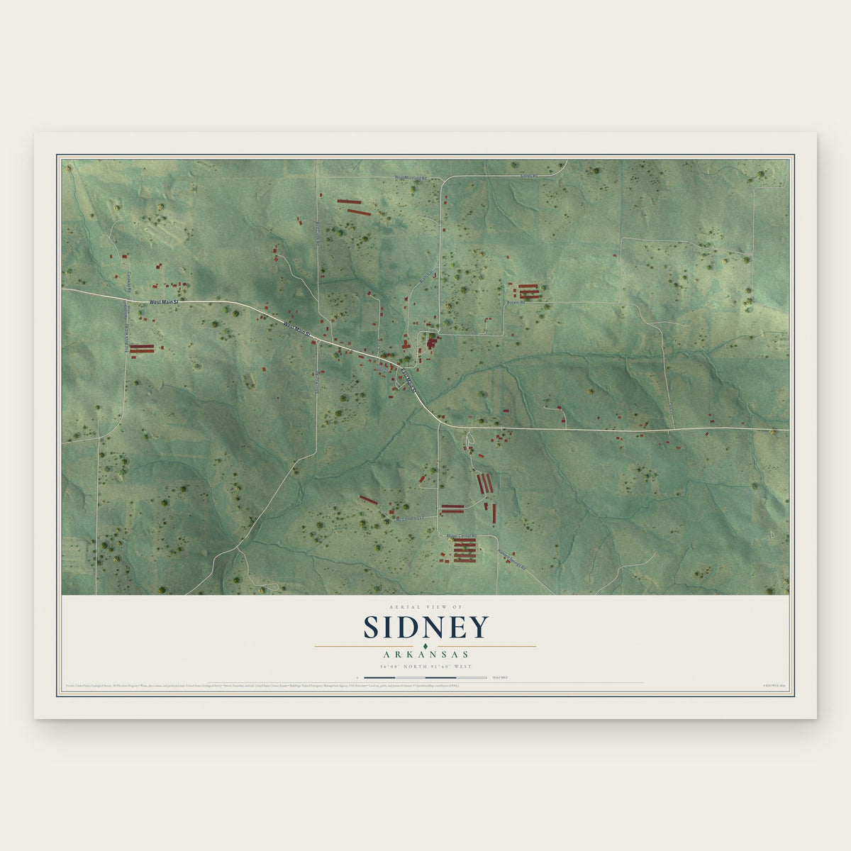 Sidney, Arkansas map print, the full design