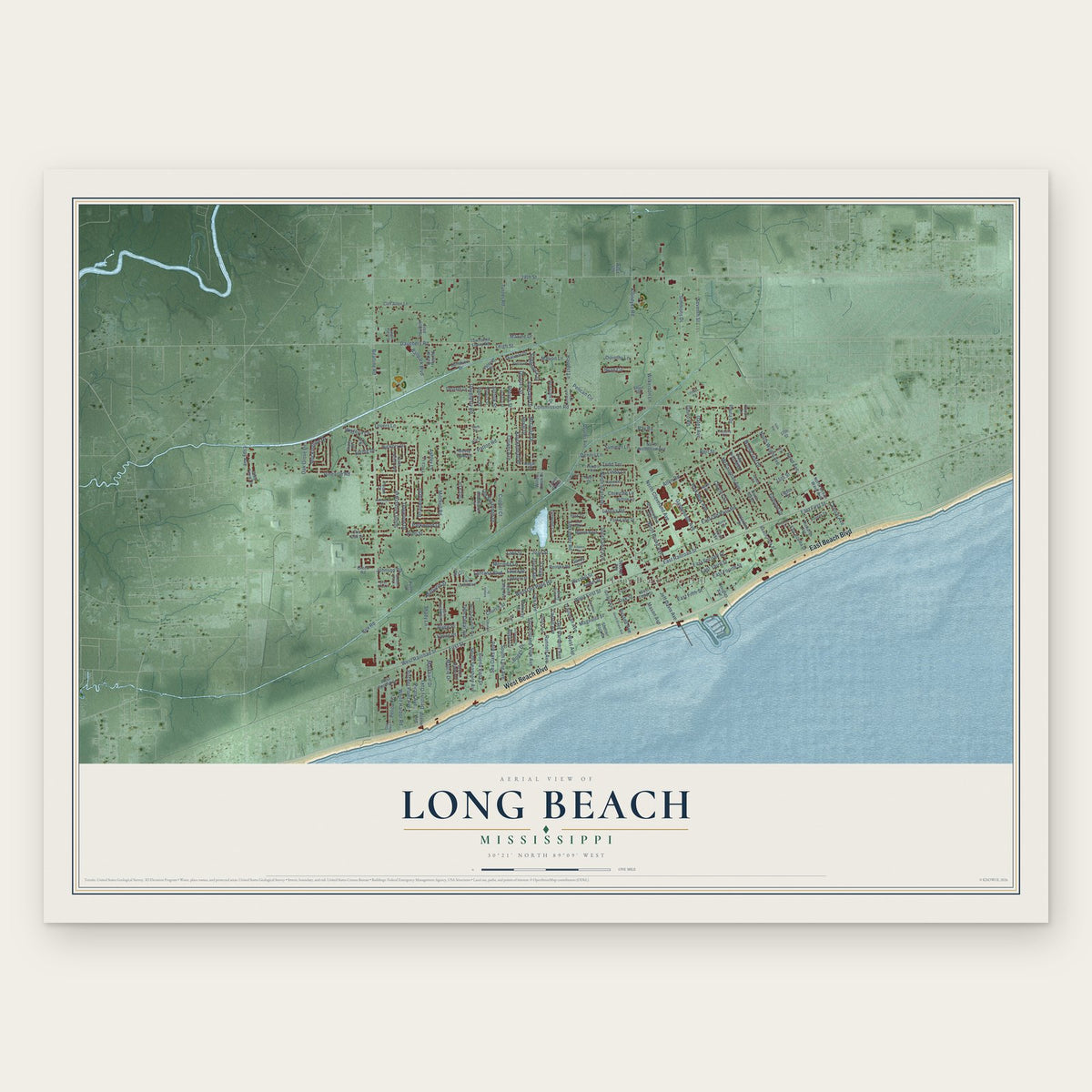 Long Beach, Mississippi map print, the full design